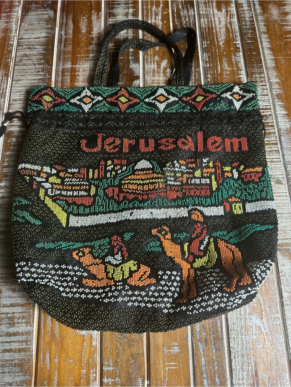 Jerusalem Beaded Tote Bag in Black with Multicolor Design